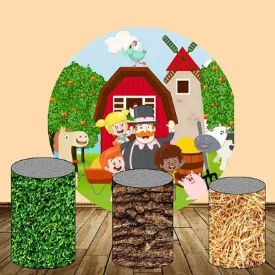 Aperturee Circle Red Farm Housre Kids Happy Birthday Backdrop Kit | Round Party Backdrop | Circle Backdrops For Birthday | Ci...