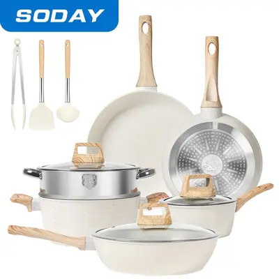 SODAY Pots and Pans Set Non Stick,12/17 Pcs Kitchen Cookware Sets Nonstick Induction Cookware White Granite Cooking Set with ...
