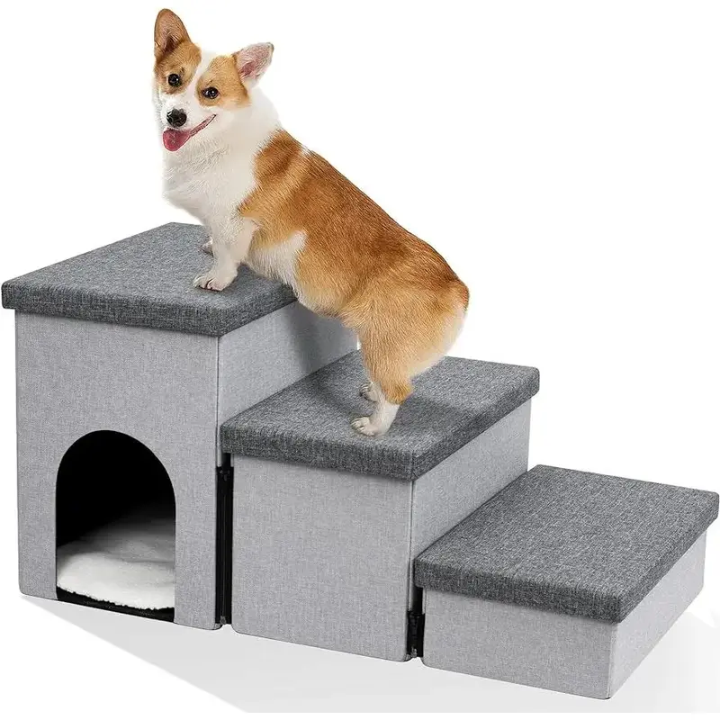 Heeyoo Dog Stairs for Small Dogs, Foldable Dog Steps for Couch and High Bed, 3-Step Pet Stairs with Storage and Pet House, No...