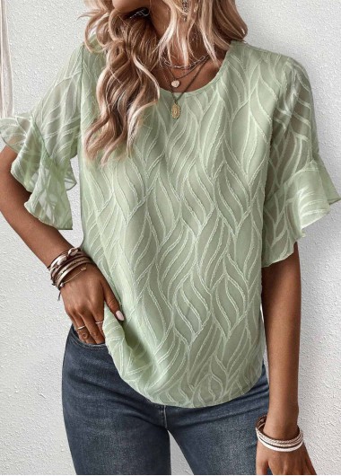 Modlily Sage Green Ruffle Short Sleeve Round Neck Blouse - S