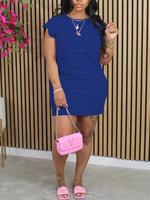 Women's Plain Batwing Sleeve Round Neck Dress, Casual Cap Sleeve Short Dress for Summer, Women's Clothing for Daily Wear