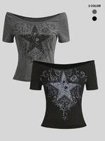 Women's Star Pattern Off Shoulder Graphic Tee, Vintage Trendy Casual Short Sleeve T-shirt for Daily Wear, Ladies All Seasons ...