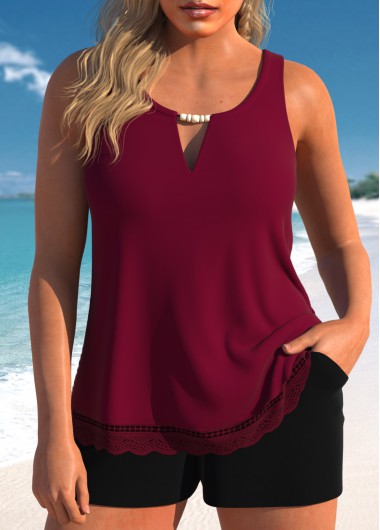 Modlily Lace Cutout Wine Red Tankini Set - L