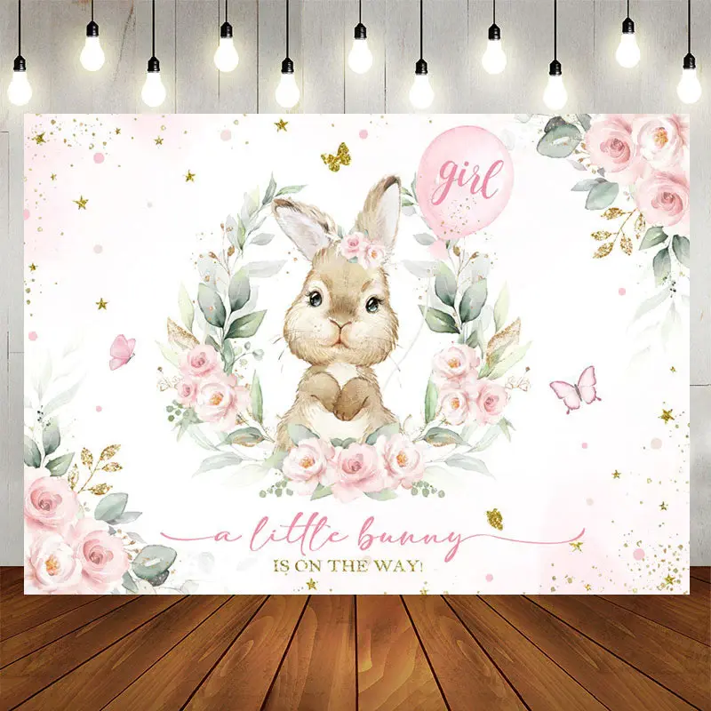 A Little Bunny Girl Pink Floral Baby Shower Backdrop - Aperturee