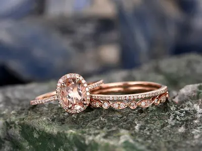 1.3 Carat Vintage Oval Diamond Halo Morganite Rose Gold Wedding Set