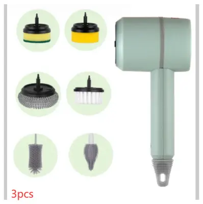 Electric Cleaning Brush Multifunctional Scouring Pad | style: Green With six brush heads | quantity: 3PCS
