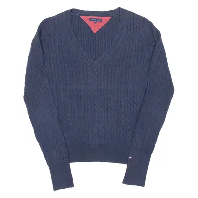 TOMMY HILFIGER Womens Jumper Blue V-Neck Cable Knit M
