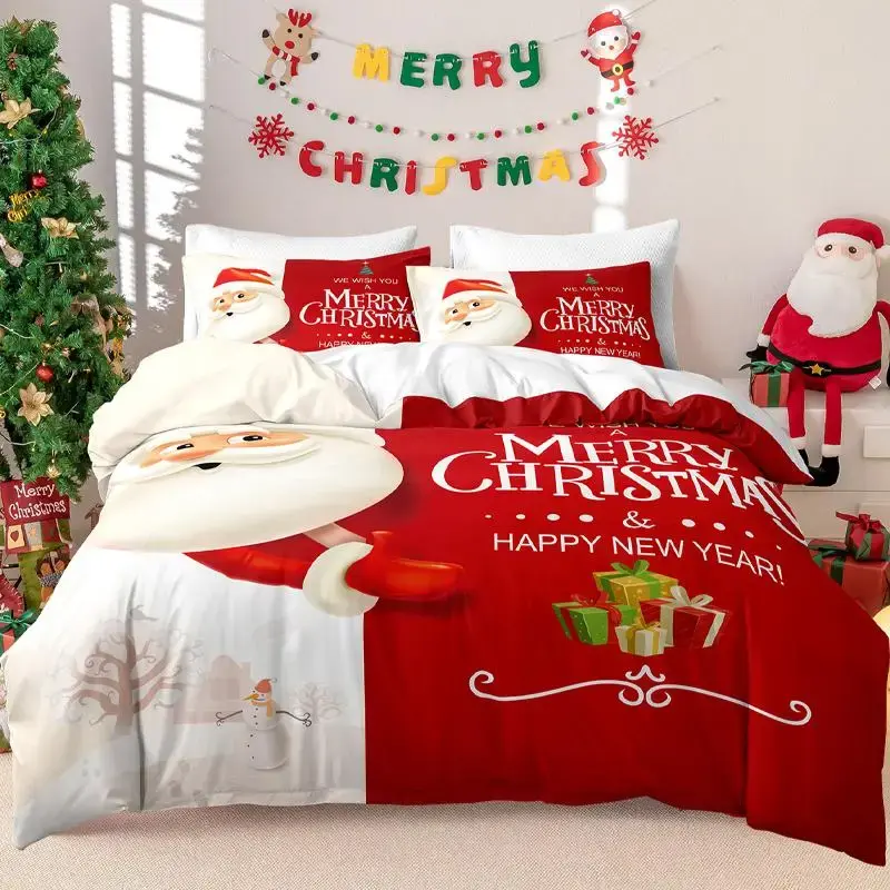 Merry Christmas Themed Duvet Cover Set, 3 Counts/set Including 1 Duvet Cover & 2 Pillowcase without Filler, Bedding Supplies ...