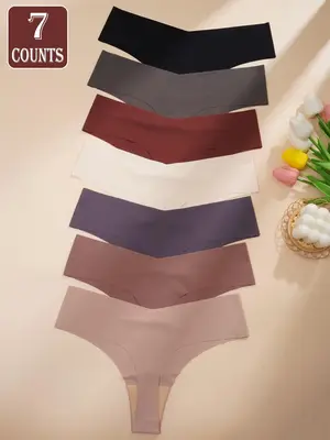 Women's Solid Thin Stretchy Thong Panties, Casual Comfy Breathable Seamless Knickers for Daily Wear, Summer Outfits 2024, Lad...