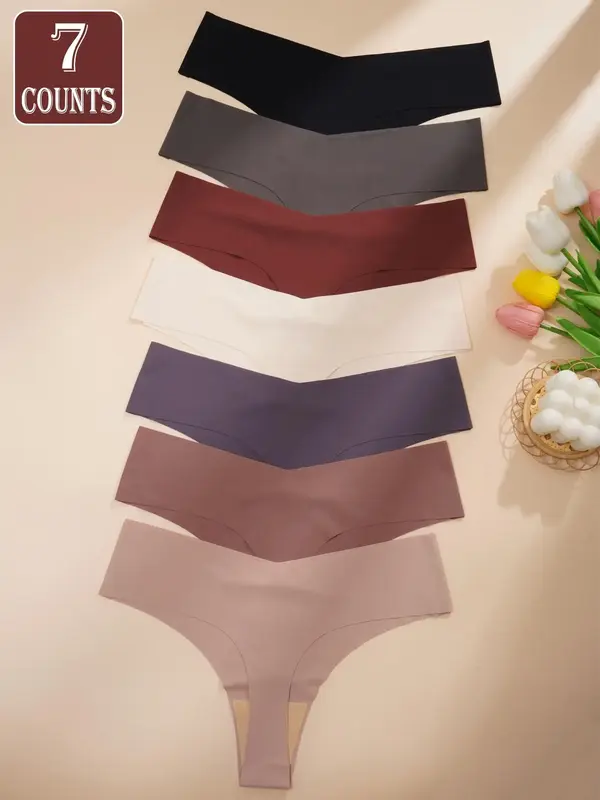 Women's Solid Thin Stretchy Thong Panties, Casual Comfy Breathable Seamless Knickers for Daily Wear, Summer Outfits 2024, Lad...
