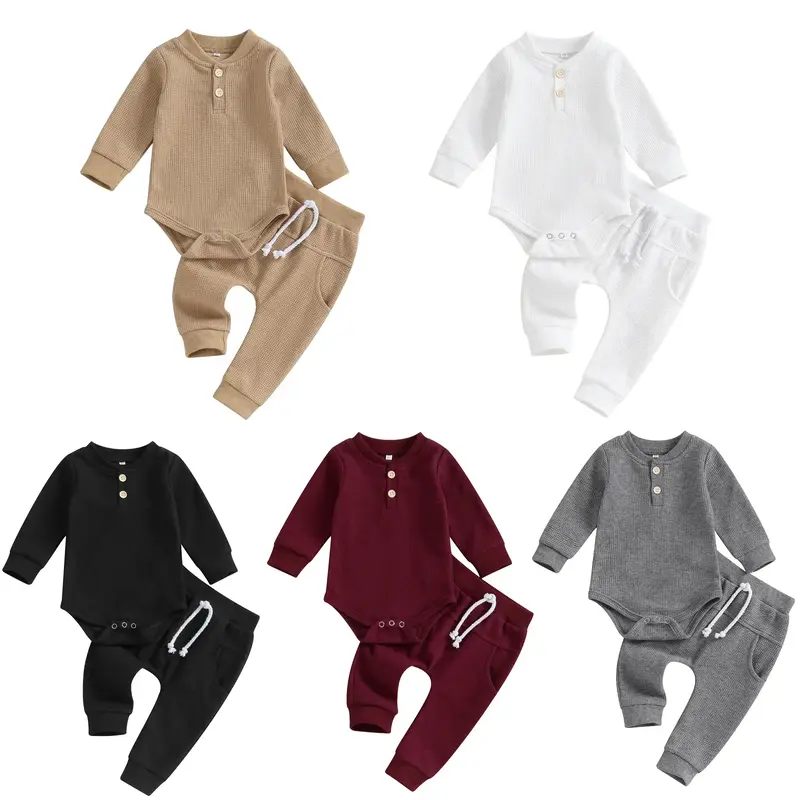 Newborn Baby Boy Clothes Button Long Sleeve Romper Bodysuit Elastic Waist Pants Infant Soft Waffle Fall Winter 2Pcs Outfits #...