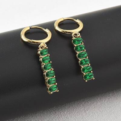 Oval 304 Stainless Steel Green Cubic Zirconia Tassel Hoop Earrings