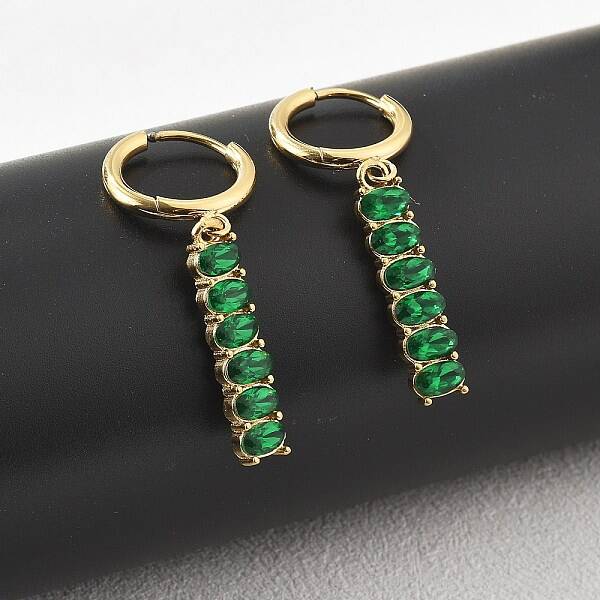 Oval 304 Stainless Steel Green Cubic Zirconia Tassel Hoop Earrings