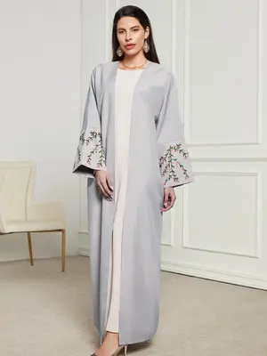 Women's Plain Embroidery Abaya, Modest Long Sleeve Open Front Maxi Muslim Dress, Ladies Islamic Clothing for All Seasons