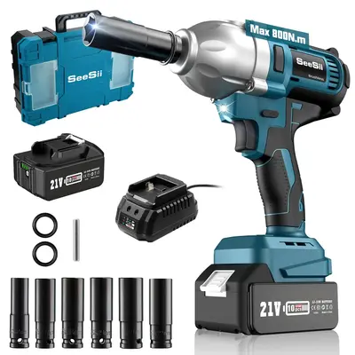 Cordless Impact Wrench, Multipurpose 800N.m Power Impact Wrench, Electric Impact Wrench with 6 Sockets, Tool Box, Charger & 4...