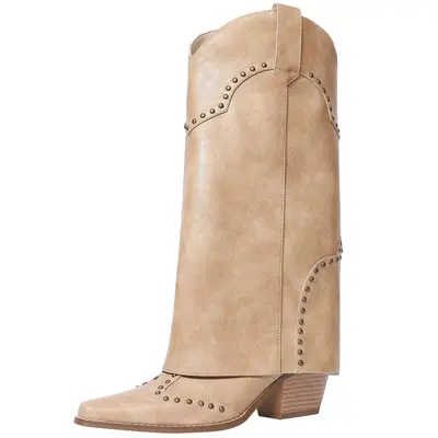 RONILURN Women Shark Boots Fold Over Mid Calf Chunky Heel Snip Toe Cowboy Cowgirl Pull On Studded Boots for Women Footwear Be...