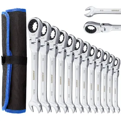 12PCS Ratcheting Wrench Set Flex Head, SORAKO SAE Combination Ratchet Wrench kit, 1/4″ - 13/16″ Chrome Vanadium Steel Wre...