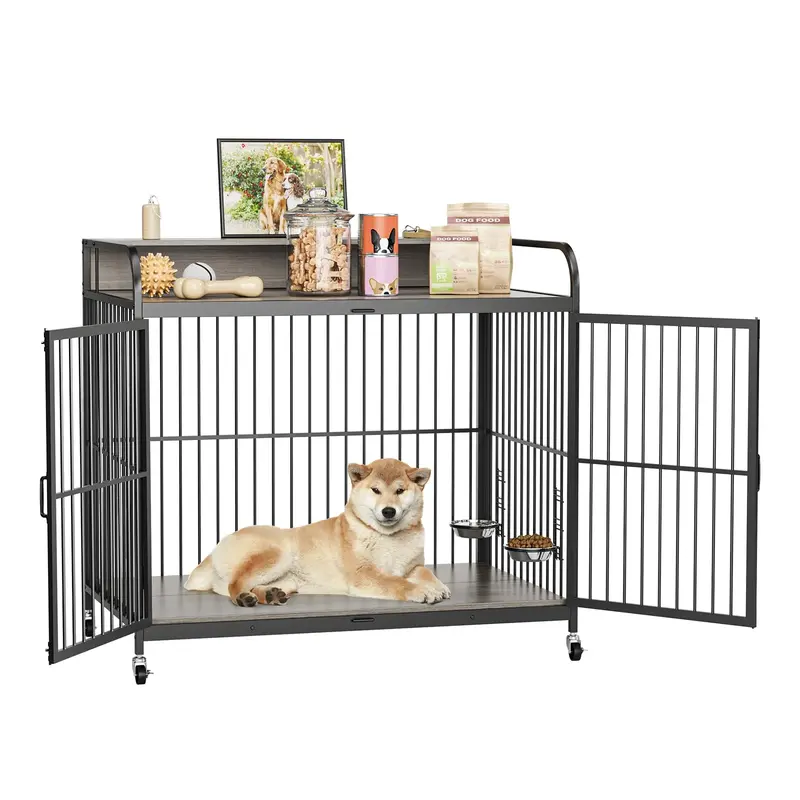 Garvee Dog Crate Furniture, Dog Crate Indoor with Adjustable Height Bowls, Wooden Heavy Duty, 39.8 Inch Dog Kennel Furniture ...