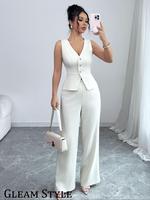 Two-piece Set Women's Solid Color V Neck Top & Pants, Casual Elegant Fashion Cozy Set for Daily Outdoor Wear, Ladies Clothes ...