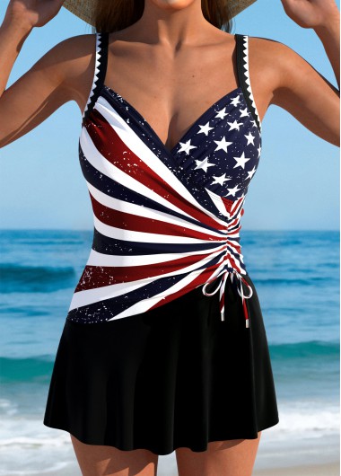 Modlily American Flag Multi Color One Piece Swimdress - L