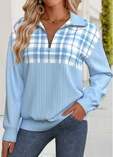 Modlily Light Blue Tummy Coverage Plaid Long Sleeve Sweatshirt - XL