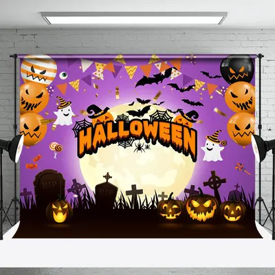 Purple Vibe Pumpkin Moon In Tomb Happy Halloween Backdrop