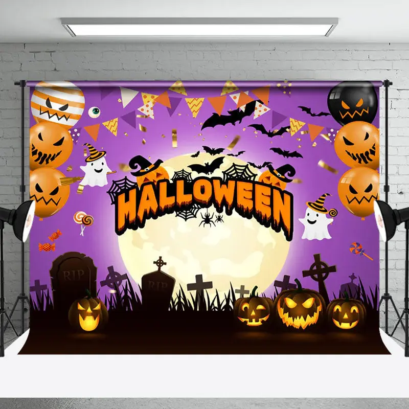 Purple Vibe Pumpkin Moon In Tomb Happy Halloween Backdrop