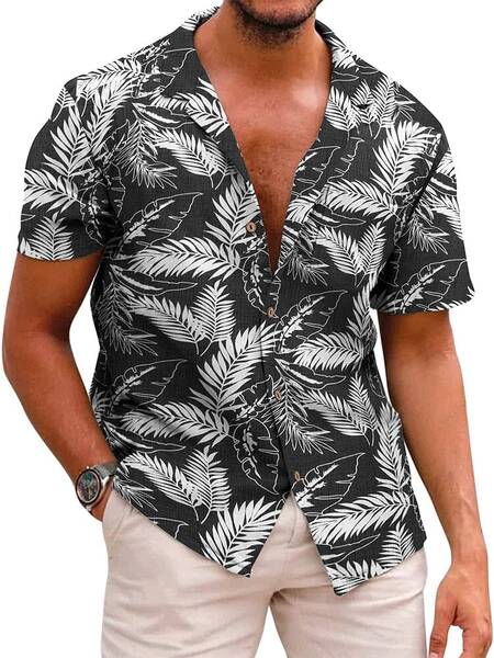 Hawaiian Floral Beach Shirts (US Only), Black-Palm Leaf / XL