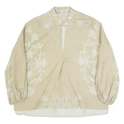 ZARA Womens Oversized Shirt Beige V-Neck Long Sleeve L