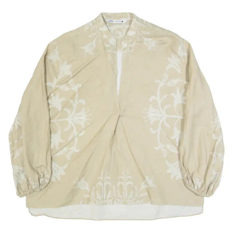 ZARA Womens Oversized Shirt Beige V-Neck Long Sleeve L