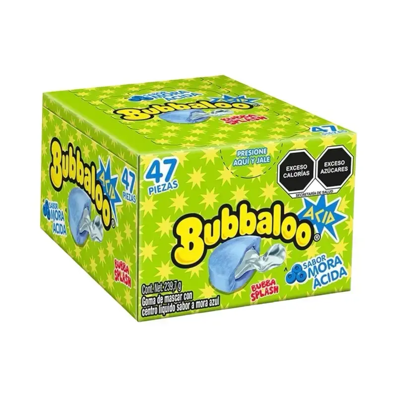 Bubbaloo Sour Blue Raspberry Splash Chewing Bubble Gum with Liquid-Filled Center, Box of 47 Pieces, Mexican Candy, Dulces Mex...