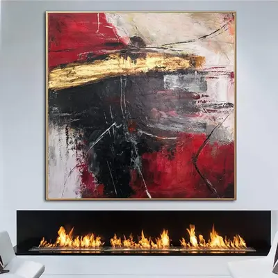 Large Abstract Red Painting Canvas Gold Leaf Wall Art Original Oil Artwork Modern Hand Painted Art Contemporary Art for Stair...