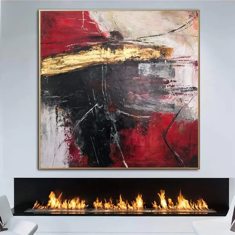 Large Abstract Red Painting Canvas Gold Leaf Wall Art Original Oil Artwork Modern Hand Painted Art Contemporary Art for Stair...