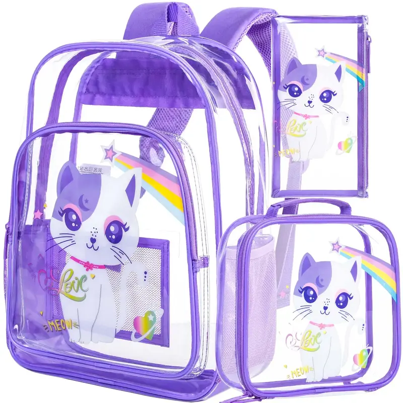 Girls Clear Backpack for Kids, See Through School Bag Stadium Approved, Transparent Bookbag for Elementary Preschool- Purple ...