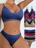 Women's Solid Wireless Bra & Panty Set, Comfy Fashion Breathable Replaceable Chest Pads Bra & Panty Set, Softness Underwear S...