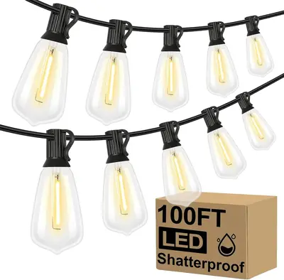 100+10FT LED Outdoor String Lights, Patio Deck Lights with 50+2 Shatterproof ST38 Edison Bulbs, Dimmable Warm White Waterproo...