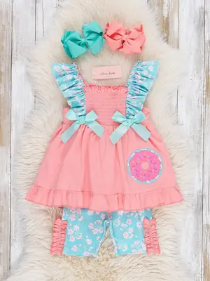 Embroidered Donut Smocked Ruffle Outfit