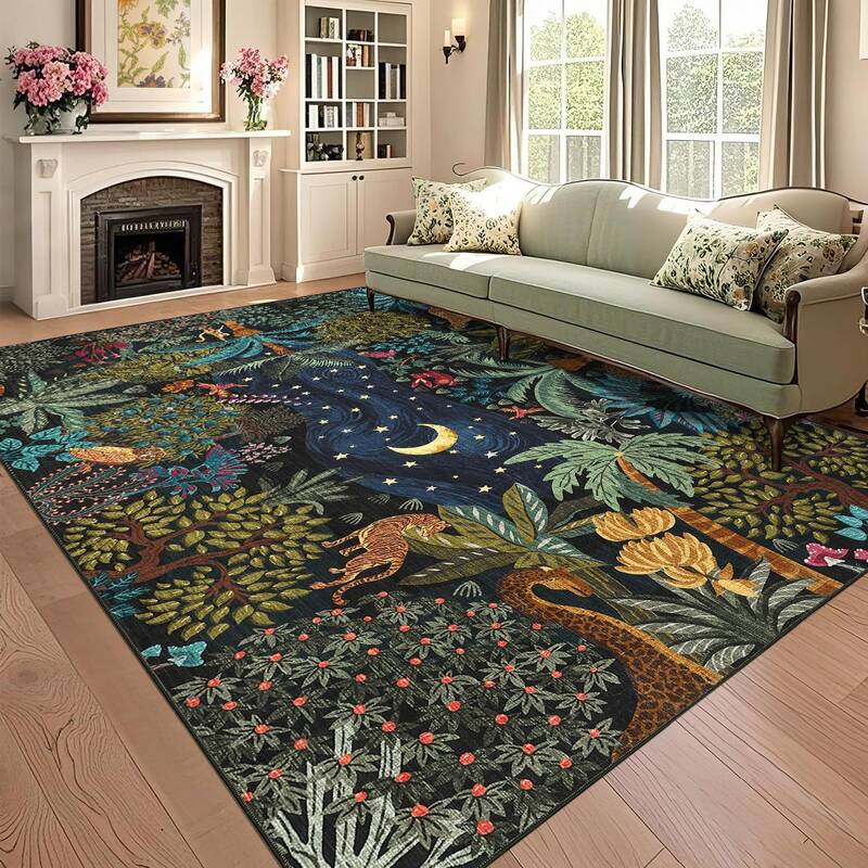 Garvee Jungle Blue 9x12 Living Room Rug Botanical Animal Print Washable Ultra Thin Soft Non-Slip Backing Kids Nursery Carpet