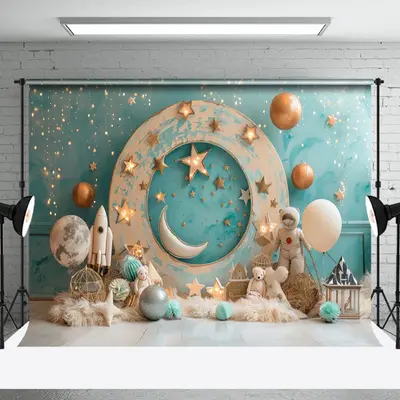 Aperturee Green Wall Starry Moon Galaxy Cake Smash Backdrop, 3X2FT(1MX0.6M), 14 USD, birthday cake smash backdrops, NYHD1I70-...