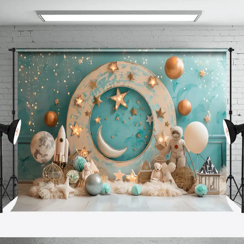 Aperturee Green Wall Starry Moon Galaxy Cake Smash Backdrop, 3X2FT(1MX0.6M), 14 USD, birthday cake smash backdrops, NYHD1I70-...