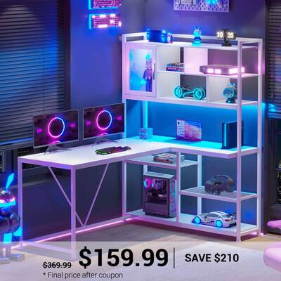 SEDETA | 58 Inch L Shaped Corner Gaming Desk with LED Light and Storage Shelves for Home Office White Home Office Furniture