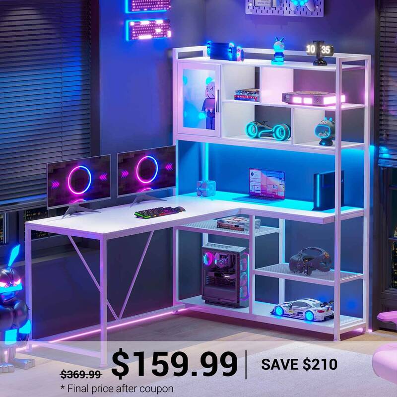 SEDETA | 58 Inch L Shaped Corner Gaming Desk with LED Light and Storage Shelves for Home Office White Home Office Furniture