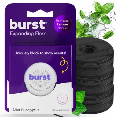 BURST Expanding Dental Floss - Black Expanding,Stain-Absorbing, Woven Floss, Vegan, Paraben Free, Mint Eucalyptus, Removes Pl...