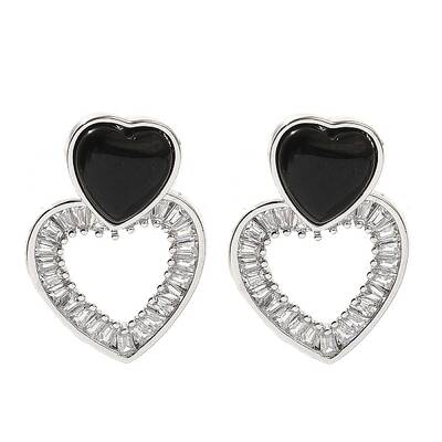 Brass Cubic Zirconia & Black Agate Stud Earrings