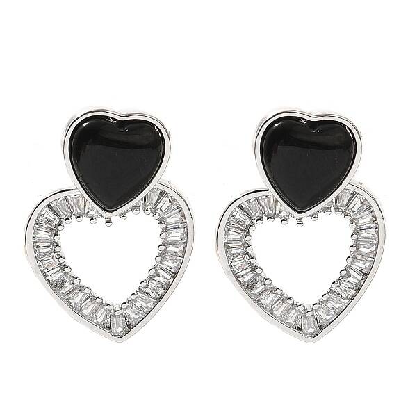 Brass Cubic Zirconia & Black Agate Stud Earrings