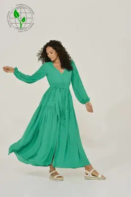 Emerald Green Long Sleeve Chiffon Maxi Dress | Size: L | Color: #50C878