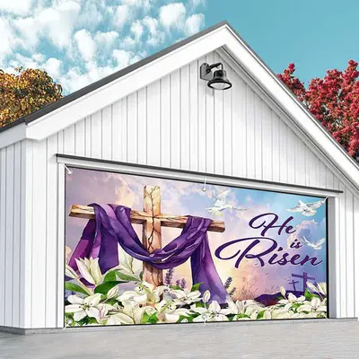 Aperturee Blue Sky He Is Risen Cross Easter Garage Door Banner, 8X4FT(2.4X1.2M), 22.65 USD, garage door banners, LCKQ042-A