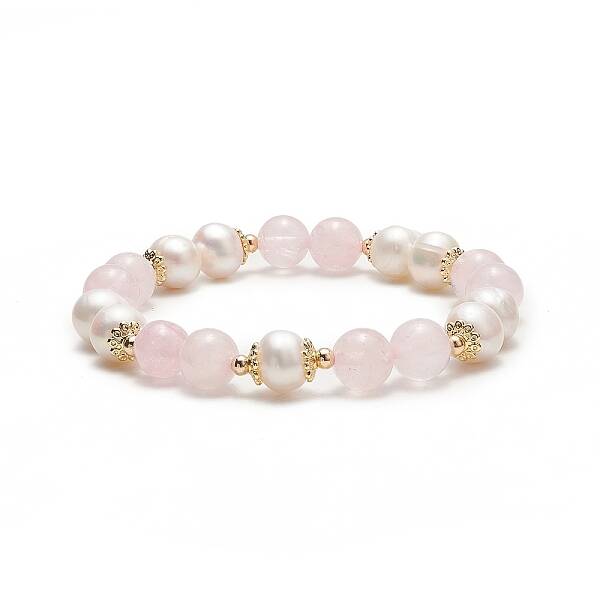 Natural Rose Quartz & Pearl Round Beaded Stretch Bracelet for Women