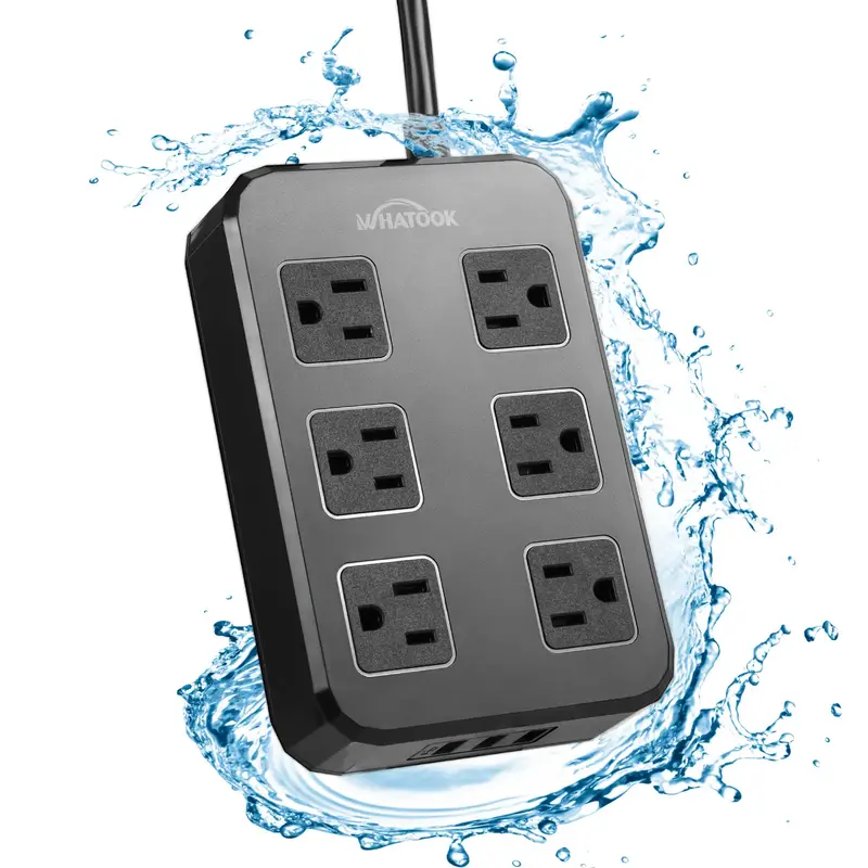 WHATOOK IPX6 Outdoor Power Strip Weatherproof, Waterproof Surge Protector with 6 Wide Outlet with 3 USB Ports, 6FT Long Exten...