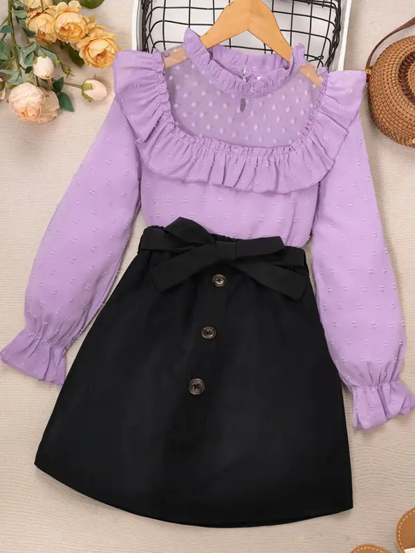 Two-Piece Set Girl's Contrast Lace Swiss Dot Blouse & Belted Skirt Set, Elegant Layered Sleeve Top & Button Skirt for Party...